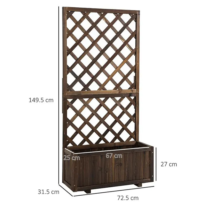 SONNENH Hochbeet schmal, mit Rankgitter - Holz, braun - Dunkelbrauner Holzpflanzkasten mit Spalier, mit Rautenmuster. Maße sind abgebildet.