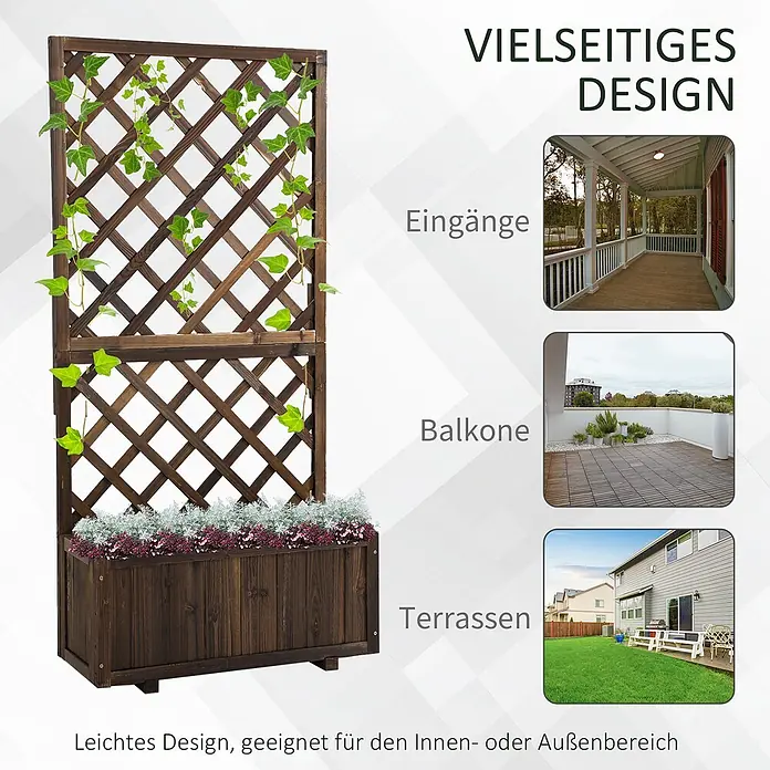 SONNENH Hochbeet schmal, mit Rankgitter - Holz, braun - Dunkelbrauner Holzpflanzkasten mit Rankgitter, dekoriert mit künstlichem Efeu und Blumen, für innen/außen geeignet.