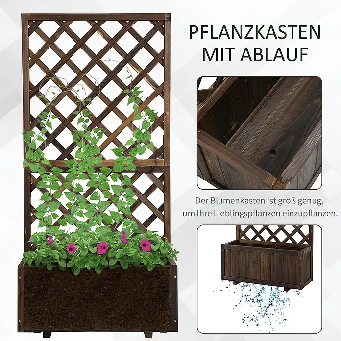 SONNENH Hochbeet schmal, mit Rankgitter - Holz, braun - Dunkelbrauner Holzpflanzkasten mit Spalier, Kletterpflanzen und Blumen. Mit Ablaufloch.