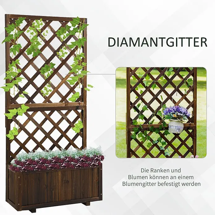 SONNENH Hochbeet schmal, mit Rankgitter - Holz, braun - Dunkelbrauner hölzerner Blumenkasten mit rautenförmigem Spalier, ideal für Kletterpflanzen.