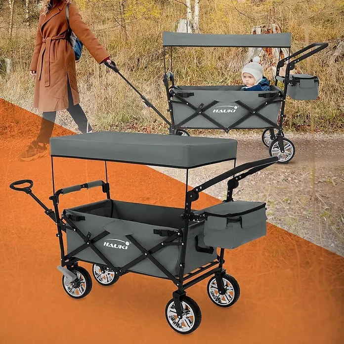Hauki Bollerwagen Handwagen Transportwagen faltbar klappbar mit Bremse Dach und Tasche - L x B x H: 196 x 56 x 99 cm - Grauer Bollerwagen mit Verdeck, der ein Kind im Freien transportiert. Mit robusten Rädern.