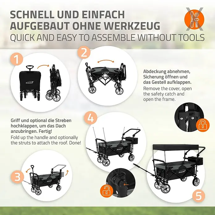 Hauki Bollerwagen Handwagen Transportwagen faltbar klappbar mit Bremse Dach und Tasche - L x B x H: 196 x 56 x 99 cm - Montageschritte für schwarzen und grauen Faltwagen, Dachmontage ohne Werkzeug.