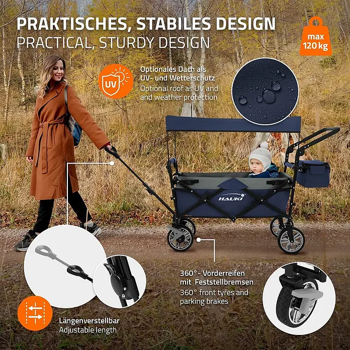 Hauki Bollerwagen Handwagen Transportwagen faltbar klappbar mit Bremse Dach und Tasche - L x B x H: 196 x 56 x 99 cm - Blauer und grauer faltbarer Bollerwagen mit Kind, von einer Frau gezogen, zeigt sein praktisches und stabiles Design.