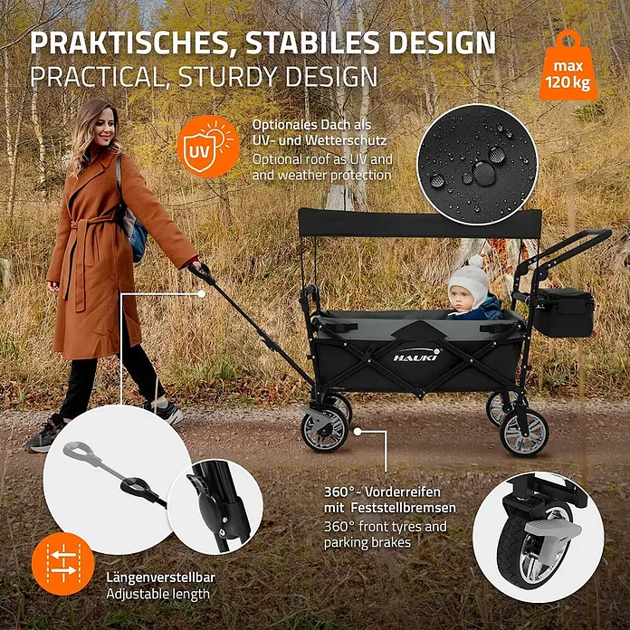 Hauki Bollerwagen Handwagen Transportwagen faltbar klappbar mit Bremse Dach und Tasche - L x B x H: 196 x 56 x 99 cm - Schwarzer Hauki Bollerwagen mit Verdeck, von Frau gezogen, Kind sitzt darin. Verstellbarer Griff und 360°-Lenkrollen mit Bremsen.