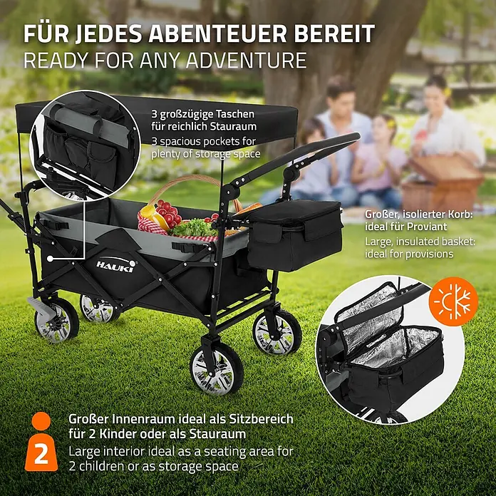 Hauki Bollerwagen Handwagen Transportwagen faltbar klappbar mit Bremse Dach und Tasche - L x B x H: 196 x 56 x 99 cm - Schwarzer und grauer Bollerwagen mit großen Rädern, geräumigen Taschen, isolierter Kühlbox und großem Innenraum für Kinder oder Ausrüstung.