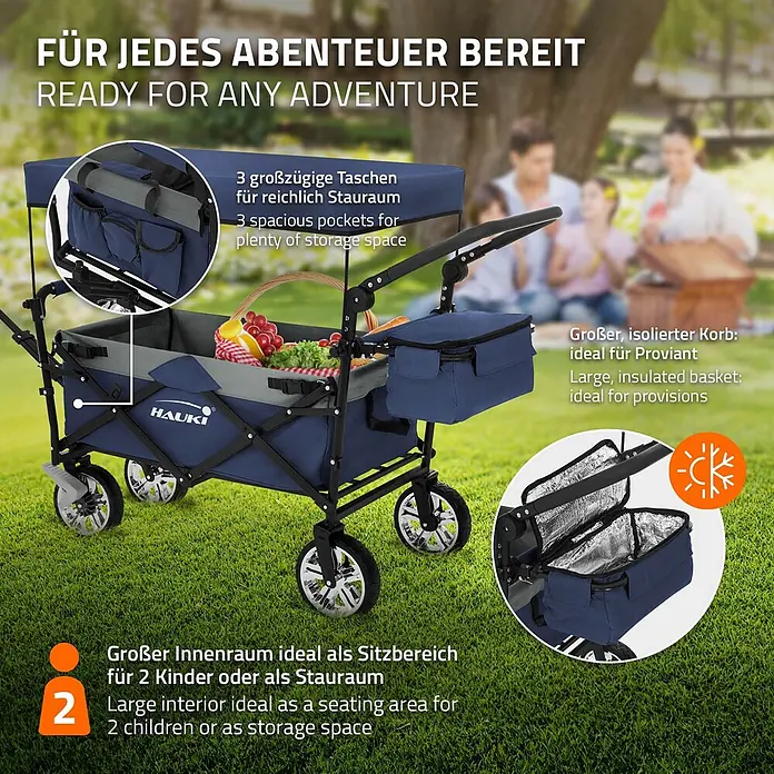 Hauki Bollerwagen Handwagen Transportwagen faltbar klappbar mit Bremse Dach und Tasche - L x B x H: 196 x 56 x 99 cm - Blauer, faltbarer Bollerwagen mit Verdeck, Taschen, isoliertem Korb und großem Innenraum für Kinder oder Gepäck.