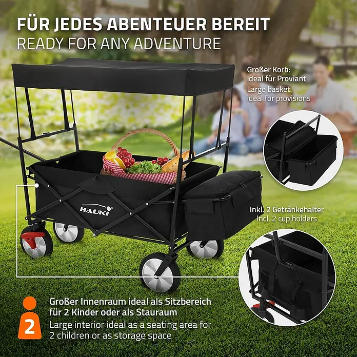Hauki Bollerwagen Handwagen Transportwagen faltbar klappbar mit Bremse Dach und Tasche - L x B x H: 170 x 53 x 104 cm - Schwarzer Bollerwagen mit Dach, großem Korb, Getränkehaltern, ideal für 2 Kinder oder Stauraum, im Freien gezeigt.