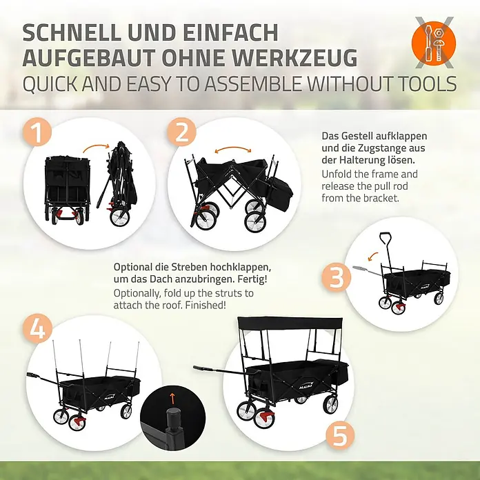Hauki Bollerwagen Handwagen Transportwagen faltbar klappbar mit Bremse Dach und Tasche - L x B x H: 170 x 53 x 104 cm - Ein schwarzer, faltbarer Bollerwagen mit Dach, der in fünf Schritten montiert wird, was den schnellen und einfachen Aufbau ohne Werkzeug zeigt.