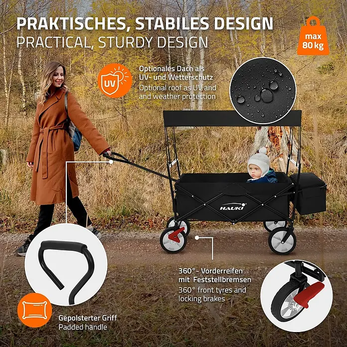 Hauki Bollerwagen Handwagen Transportwagen faltbar klappbar mit Bremse Dach und Tasche - L x B x H: 170 x 53 x 104 cm - Schwarzer Faltwagen (max. 80kg Last) mit Kind, von einer Frau im Freien gezogen. Mit optionalem UV-/Wetterschutzdach, gepolstertem Griff und 360°-Feststellrädern vorne.