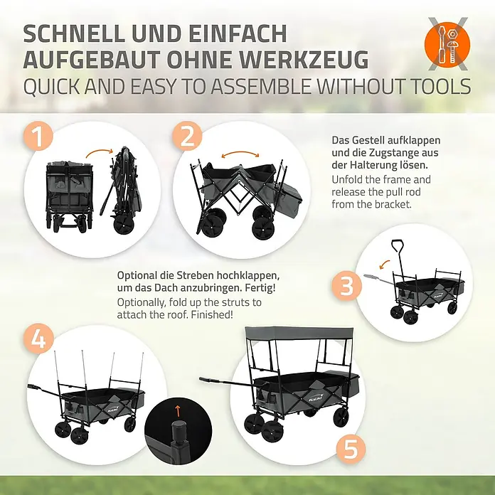 Hauki Bollerwagen Handwagen Transportwagen faltbar klappbar mit Bremse Dach und Tasche - L x B x H: 170 x 53 x 104 cm - Montageschritte für einen grau-schwarzen Bollerwagen mit abnehmbarem Dach, der das Aufklappen und Anbringen des Verdecks zeigt.