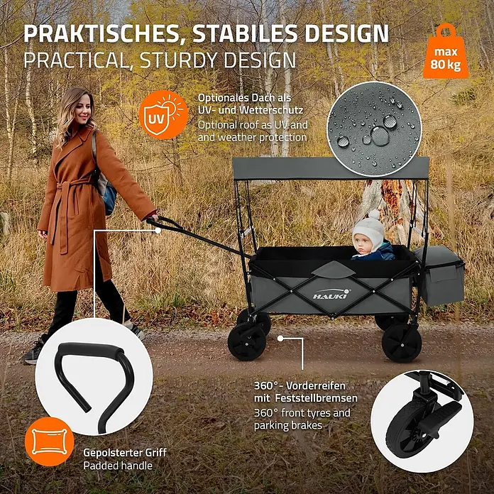 Hauki Bollerwagen Handwagen Transportwagen faltbar klappbar mit Bremse Dach und Tasche - L x B x H: 170 x 53 x 104 cm - Grauer Bollerwagen mit Verdeck, im Freien gezogen. Mit gepolstertem Griff, 360°-Vorderrädern mit Bremsen, UV-/Wetterschutz.
