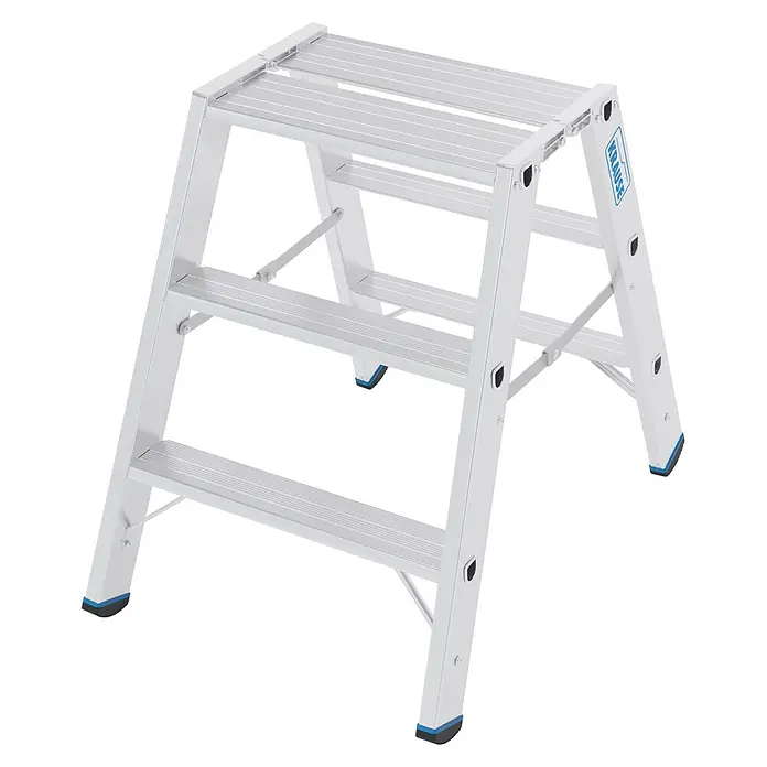 Krause Doppel-Klapptritt 80 2x3 Stufen - Anzahl Tritte: 6 Stk., Aluminium - Silberne Aluminium-Klapptrittleiter mit drei breiten, geriffelten Stufen und blauen/schwarzen Antirutschfüßen.