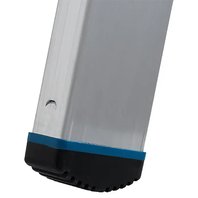 Krause Doppel-Klapptritt 2X4 Stufen - Anzahl Tritte: 8 Stk., Belastbarkeit: 225 kg, Aluminium - Basis eines silbernen Aluminiumprofils mit schwarzem Gummifuß und blauem Akzent.