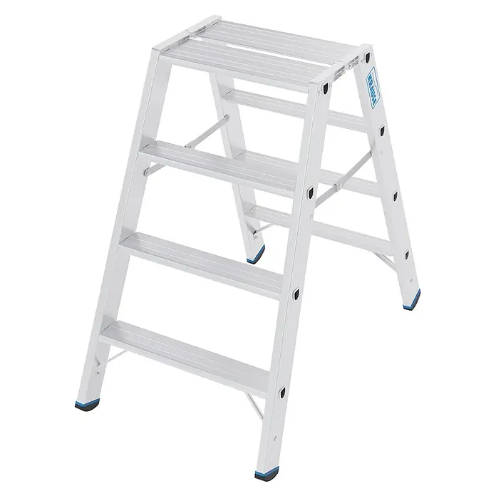 Krause Doppel-Klapptritt 80 2x4 Stufen - Anzahl Tritte: 8 Stk., Aluminium - Silberne Aluminium-Klappleiter mit blauen Fußkappen und mehrstufigem Design.