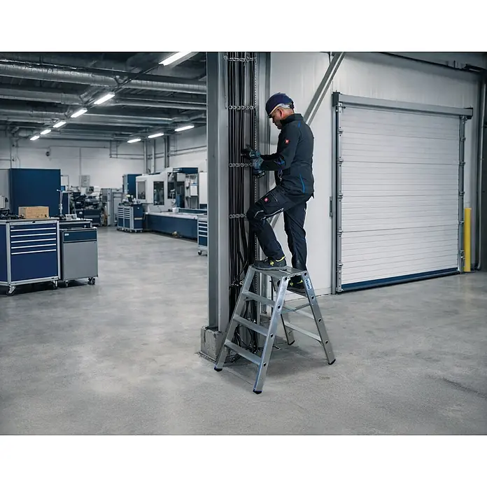 Krause Doppel-Klapptritt 80 2x3 Stufen - Anzahl Tritte: 6 Stk., Aluminium - Aluminium-Klapptritt, der von einem Mann für Arbeiten an Industrieanlagen in einer Fabrik verwendet wird.