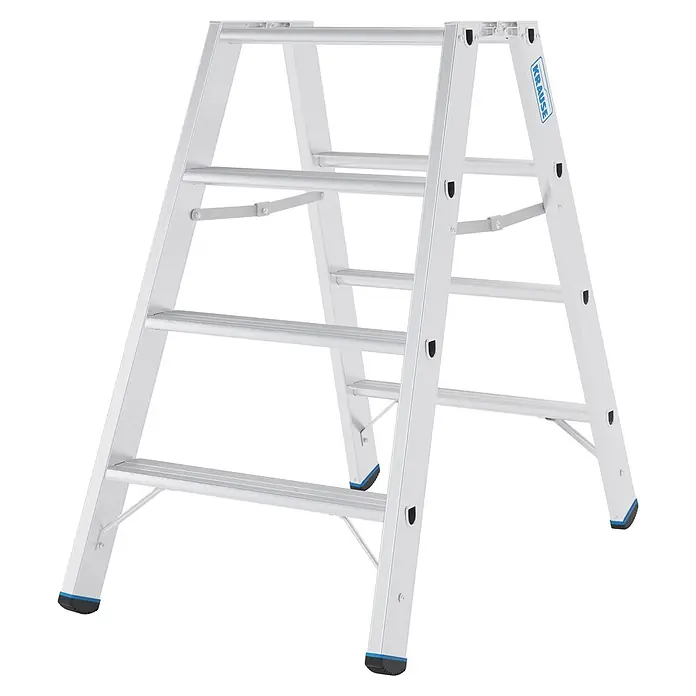 Krause Doppel-Klapptritt 80 2x4 Stufen - Anzahl Tritte: 8 Stk., Aluminium - Silberne Aluminium-Klappleiter mit fünf Stufen, blauen/schwarzen Füßen und KRAUSE-Logo.