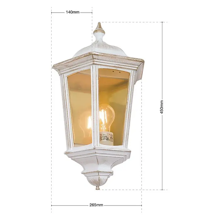 Orion Leuchten Außenwandleuchte Puchberg - 60 W, Weiß, Klar, IP44 - Antikweiße Außenwandleuchte mit goldenen Akzenten, E27-Birne und sichtbaren Maßen.