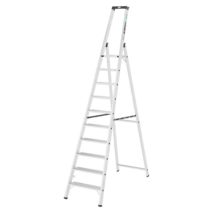Krause Stehleiter XL 1x10 - Anzahl Tritte: 10 Stk., Arbeitshöhe: 320 cm, Belastbarkeit: 225 kg, Aluminium - Silberne KRAUSE Aluminium-Stehleiter mit schwarzen und blauen Akzenten und mehreren Stufen.