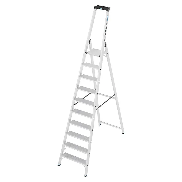 Krause Stehleiter XL 1x10 - Anzahl Tritte: 10 Stk., Arbeitshöhe: 320 cm, Belastbarkeit: 225 kg, Aluminium - Weiße Aluminium-Stehleiter mit mehreren Stufen, Marke KRAUSE.