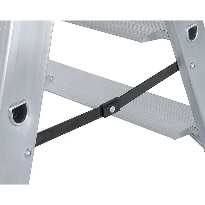 Krause Doppel-Klapptritt 2X4 Stufen - Anzahl Tritte: 8 Stk., Belastbarkeit: 225 kg, Aluminium - Nahaufnahme einer Aluminium-Stehleiter mit schwarzem Sicherungsband.