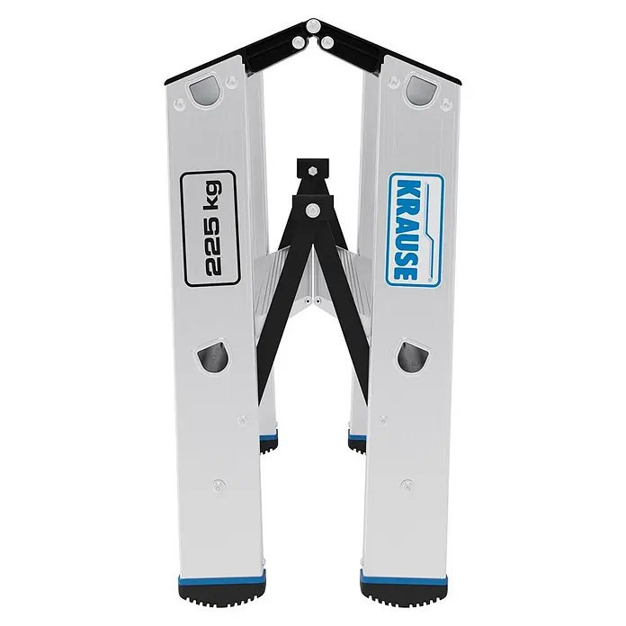 Krause Doppel-Klapptritt 2X2 Stufen - Anzahl Tritte: 4 Stk., Belastbarkeit: 225 kg, Aluminium - Silberne Aluminium-Gelenk-Mehrzweckleiter, zusammengeklappt, mit schwarzen Gelenken und blauen Fußdetails, 225 kg Tragkraft, Marke Krause.