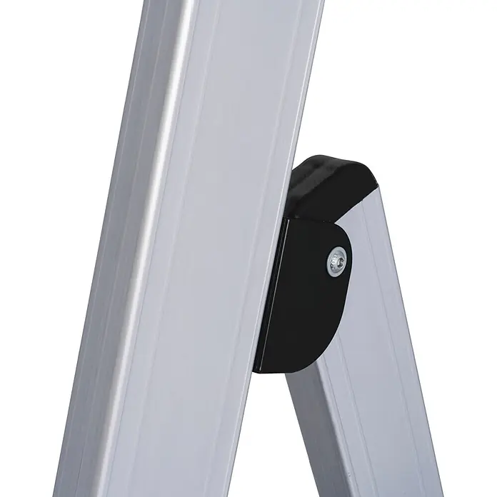 Krause Doppel-Klapptritt 2X4 Stufen - Anzahl Tritte: 8 Stk., Belastbarkeit: 225 kg, Aluminium - Detailaufnahme einer silbernen Leiter mit schwarzem Gelenkmechanismus und sichtbarer Schraube.