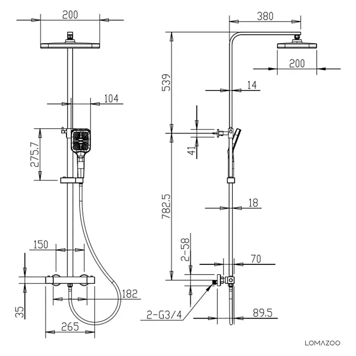 LOMAZOO Duschsystem LMZ-STERLING - Anzahl Strahlarten: 1 Stk., Matt - Technische Zeichnung einer modernen Duscharmatur mit Regenbrause, Handbrause und Mischbatterie, inklusive Maße.