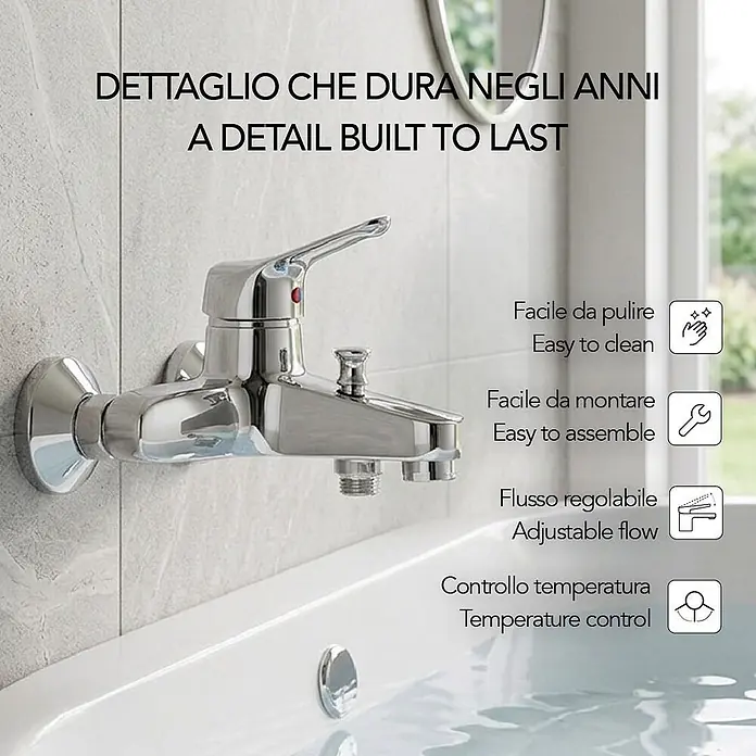 Kiamami Valentina Badewannenarmatur - Silber - Verchromte Badewannenarmatur an einer gefliesten Wand über einer weißen Badewanne.