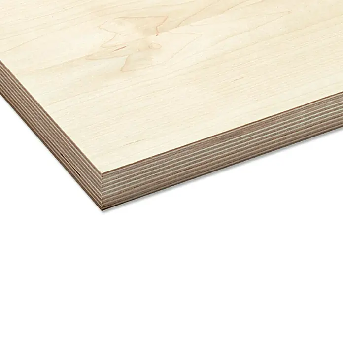 Multiplexplatte Fixmaß Transparent beschichtet - Birke, 1.390 x 1.000 x 12 mm - Nahaufnahme einer Holzplatte aus hellem, mehrschichtigem Furnierholz, ideal für Möbelbau und Innenausbau, mit sichtbarer Holzmaserung.