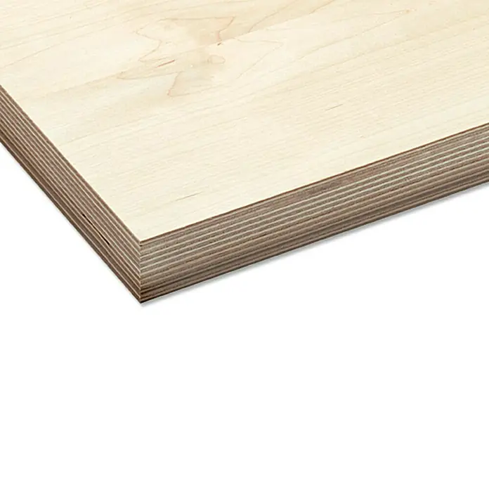 Multiplexplatte nach Maß I - Birke, Stärke: 18 mm - Detailansicht einer hellen, mehrschichtigen Holzplatte, die die Schichten und die Holzmaserung zeigt. Ideal für Möbel- und Innenausbau.
