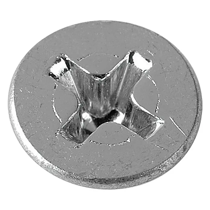 Profi Depot Blechbohrschraube VZ - Durchmesser: 4,8 mm, Länge: 32 mm, 100 Stk., Verzinkt - Detailaufnahme eines glänzenden Kreuzschlitz-Senkkopfschraube mit sauberem Finish und präzisem Schraubenkopfdesign.