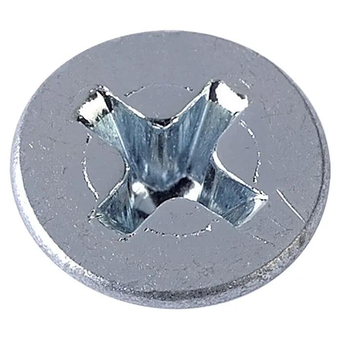 Profi Depot Blechbohrschraube VZ - Durchmesser: 2,9 mm, Länge: 16 mm, 100 Stk., Verzinkt - Nahaufnahme eines glänzenden Kreuzschlitzschraubenkopfes mit einem detaillierten Blick auf das Schraubmuster.