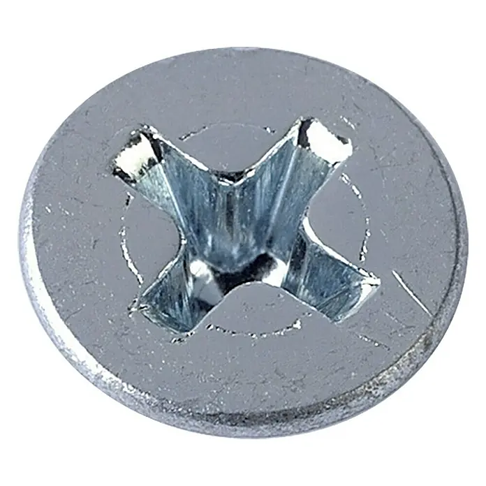 Profi Depot Blechbohrschraube VZ - Durchmesser: 2,9 mm, Länge: 16 mm, 100 Stk., Verzinkt - Nahaufnahme eines glänzenden Kreuzschlitzschraubenkopfes mit einem detaillierten Blick auf das Schraubmuster.