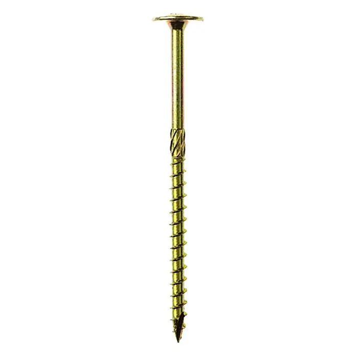 Profi Depot Holzbauschraube TX - Tellerkopf, TX für TORX-Antriebe, 25 Stk., Ø x L: 8 x 200 mm - Nahaufnahme einer einzelnen, goldfarbenen Tellerkopfschraube mit Gewinde, die auf einem weißen Hintergrund steht.