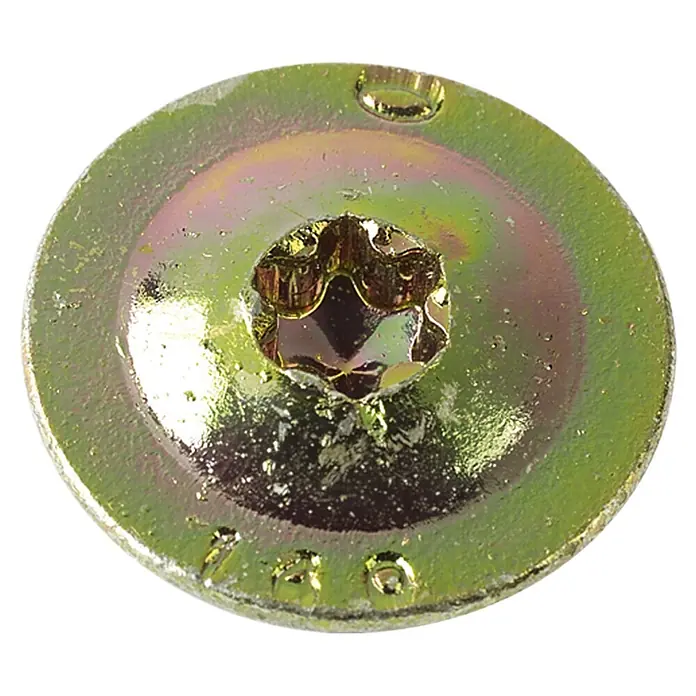 Profi Depot Holzbauschraube TX - Tellerkopf, TX für TORX-Antriebe, 50 Stk., Ø x L: 8 x 80 mm - Nahaufnahme einer goldfarbenen Torx-Schraube mit Flansch. Perfekt für sichere und dauerhafte Verbindungen in verschiedenen Anwendungen.