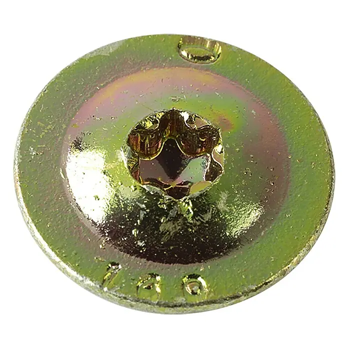 Profi Depot Holzbauschraube TX - Tellerkopf, TX für TORX-Antriebe, 25 Stk., Ø x L: 8 x 160 mm - Nahaufnahme einer goldfarbenen Torx-Schraube mit Flansch. Perfekt für sichere und dauerhafte Verbindungen in verschiedenen Anwendungen.