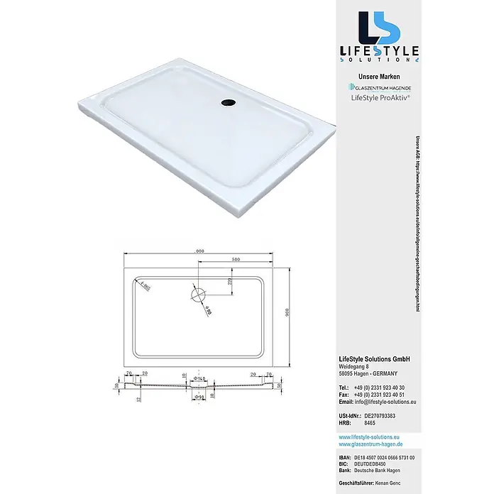 Glaszentrum Hagen U-Duschkabine GZH 100x90x100x195cm Mille U-Duschkabine inkl. Tasse + Siphon - Imprägniert, Farblos - Weißer rechteckiger Duschwannenboden mit schwarzem Ablauf und technischen Maßen.