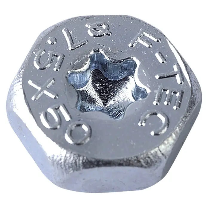 Profi Depot Tornillo combinado para hormigón - Diámetro: 10,5 mm, Largo: 80 mm, 25 ud. - Primer plano de una cabeza de tornillo Torx metálica con la inscripción "CE-TEC F-I 5.0 x 57".
