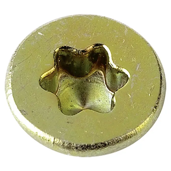 Profi Depot Mehrzweck-Schraube Turbo Drill - Ø x L: 6 x 100 mm, TX für TORX-Antriebe, Senkkopf, 50 Stk. - Nahaufnahme eines gelben Torx-Schraubenkopfs mit filigranem Sterndesign, ideal für präzise Verschraubungen.