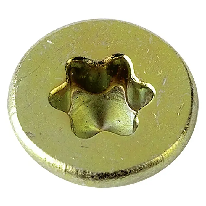 Profi Depot Mehrzweck-Schraube Turbo Drill - Ø x L: 6 x 60 mm, TX für TORX-Antriebe, Senkkopf, 100 Stk. - Nahaufnahme eines gelben Torx-Schraubenkopfs mit filigranem Sterndesign, ideal für präzise Verschraubungen.