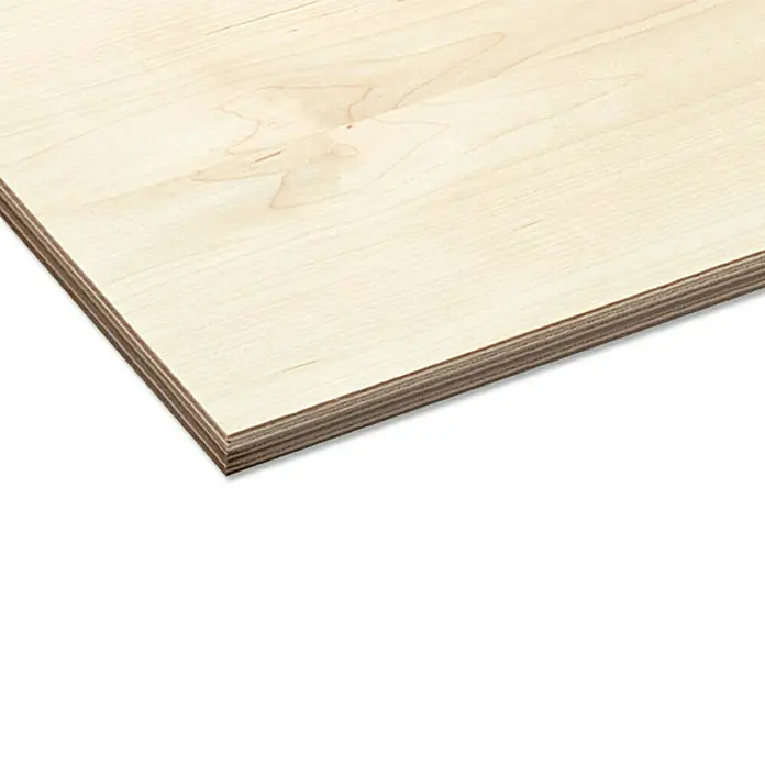 Multiplexplatte nach Maß - Birke, L x B: 2.500 x 1.250 mm, Stärke: 9 mm - Nahaufnahme einer Platte aus hellem Birkensperrholz mit sichtbaren Furnierschichten, ideal für Möbelbau und Innenausbau.