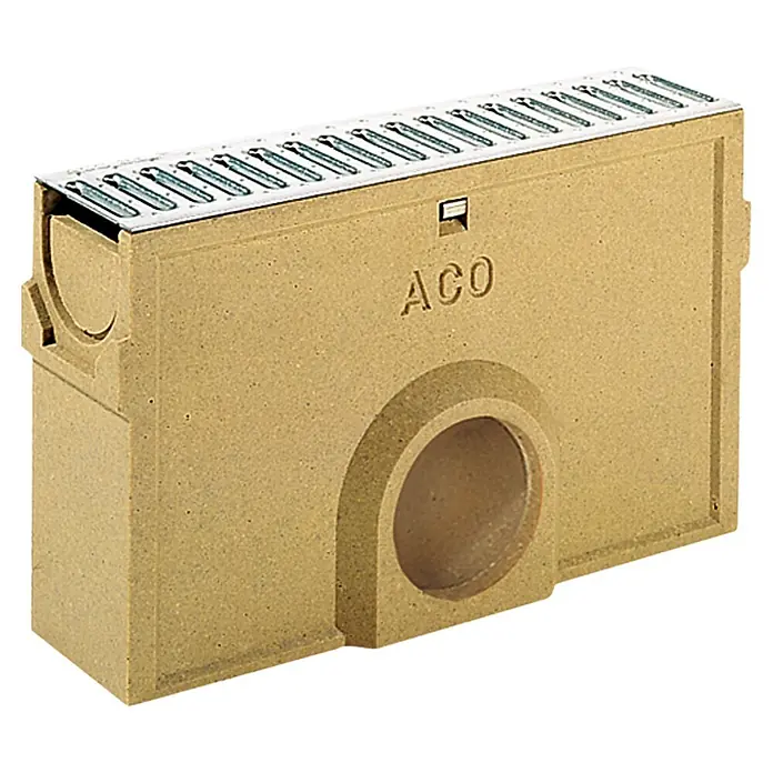 ACO Self Einlaufkasten Standardline - 50 x 11,8 x 30 cm - Nahaufnahme eines ACO-Entwässerungsrinnensystems aus Beton mit Gitterrostabdeckung, ideal für die effiziente Oberflächenentwässerung.