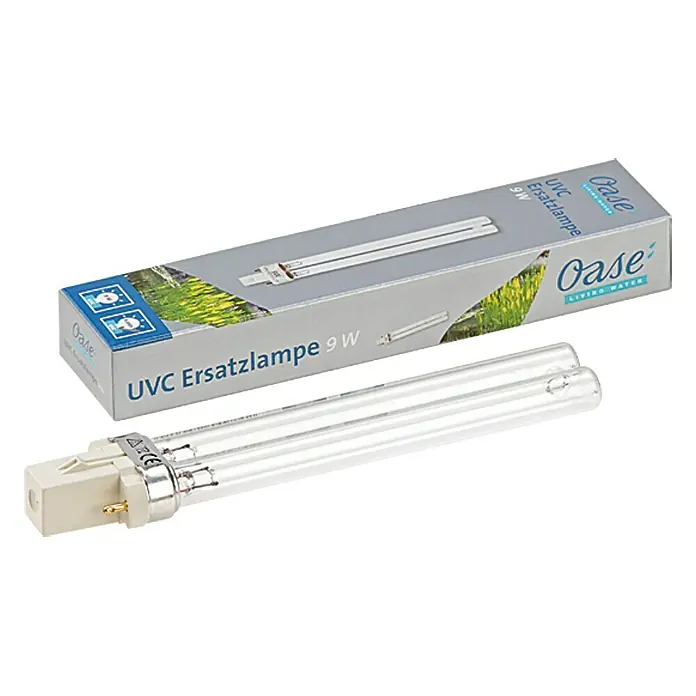 Oase Ersatzlampe Algenstopp UVC - 9 W - Oase UVC Ersatzlampe 9W, dargestellt mit der zugehörigen Verpackung.