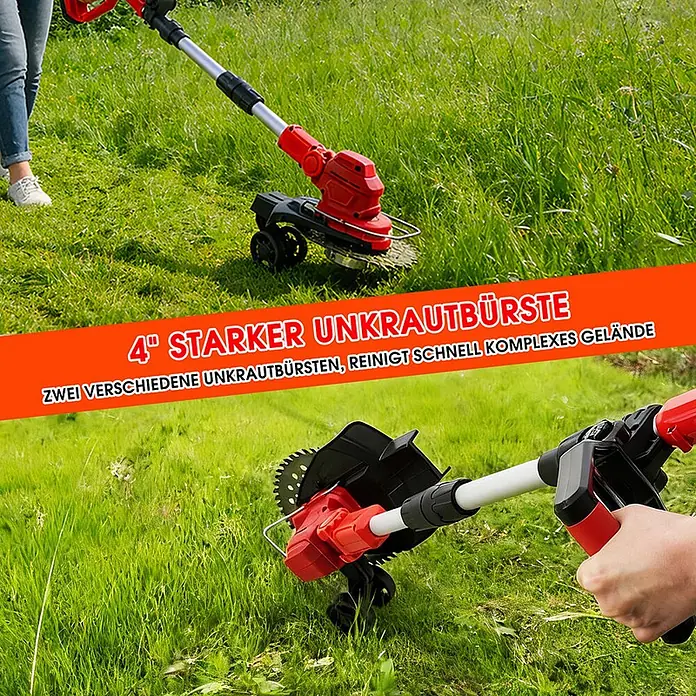 OUTIGO Akku-Rasentrimmer - 4 Ah, Li-Ionen, 1 Akku, Schnittbreite Messer: 23 cm, Schnittbreite Faden: 23 cm - Rot-schwarzer Akku-Freischneider im Gras, gezeigt mit zwei verschiedenen Bürstenaufsätzen für komplexes Gelände.