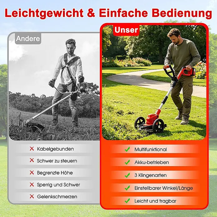 OUTIGO Akku-Rasentrimmer - 4 Ah, Li-Ionen, 2 Akkus, Schnittbreite Messer: 23 cm, Schnittbreite Faden: 23 cm - Mann benutzt einen rot-schwarzen, akkubetriebenen Rasentrimmer mit Rädern zum Grasschneiden im Garten.