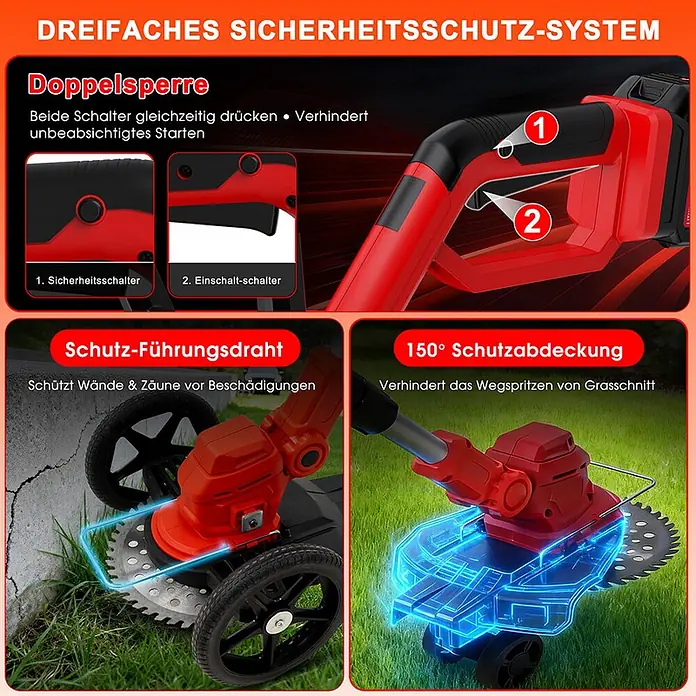 OUTIGO Akku-Rasentrimmer - 4 Ah, Li-Ionen, 1 Akku, Schnittbreite Messer: 23 cm, Schnittbreite Faden: 23 cm - Roter und schwarzer elektrischer Rasentrimmer, der sein Dreifach-Sicherheitssystem mit Doppelsperre, Führungsschutzdraht und 150°-Spritzschutz hervorhebt.