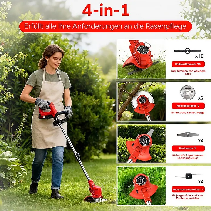 OUTIGO Akku-Rasentrimmer - 1,5 Ah, Li-Ionen, 2 Akkus, Schnittbreite Messer: 23 cm, Schnittbreite Faden: 23 cm - Frau nutzt einen roten und silbernen 4-in-1 Elektro-Rasentrimmer im Garten, der seine Vielseitigkeit mit verschiedenen Aufsätzen zeigt.
