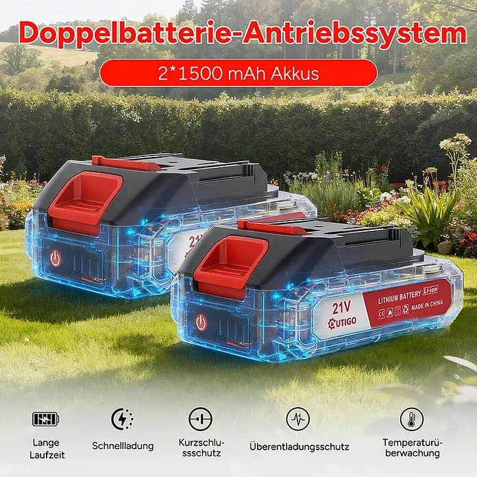 OUTIGO Akku-Rasentrimmer - 1,5 Ah, Li-Ionen, 2 Akkus, Schnittbreite Messer: 23 cm, Schnittbreite Faden: 23 cm - Zwei klare, schwarze 21V 1500mAh Lithium-Ionen-Akkupacks mit roten Akzenten.