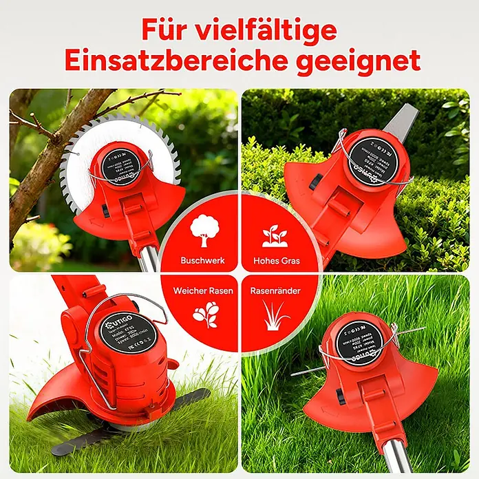 OUTIGO Akku-Rasentrimmer - 1,5 Ah, Li-Ionen, 2 Akkus, Schnittbreite Messer: 23 cm, Schnittbreite Faden: 23 cm - Ein roter elektrischer Gartentrimmer mit austauschbaren Aufsätzen für Buschwerk, hohes Gras, Rasen und Rasenkanten.