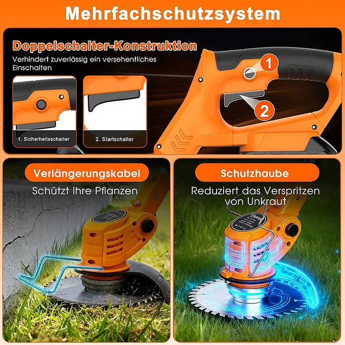 OUTIGO Akku-Rasentrimmer - 1,5 Ah, Li-Ionen, 2 Akkus, Schnittbreite Messer: 23 cm, Schnittbreite Faden: 23 cm - Orange-schwarzer Rasentrimmer mit Doppelsicherheitsschalter, Pflanzenschutzbügel und Schutzhaube für sicheres Trimmen und gegen Spritzer.